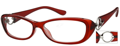 Red rectangular eyeglasses with silver circular accents on the temples