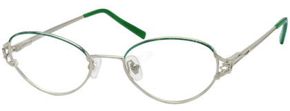 Silver-framed eyeglasses with green accents and temple tips.