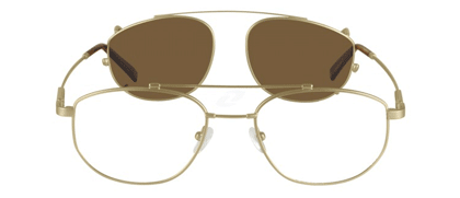 Gold-framed glasses with built-in flip-up brown-tinted sunglasses.