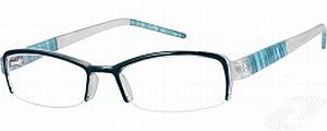 Rectangular eyeglasses with black front frame and transparent blue arms.