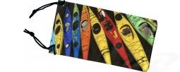 Drawstring pouch with a colorful kayaks pattern, displaying kayaks in blue, yellow, green, red, and more.