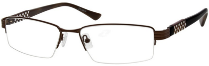 Rectangular, semi-rimless eyeglasses with thin brown metal frames and intricate patterned brown temples.