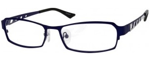 Blue rectangular eyeglasses with black-and-white striped temple arms.