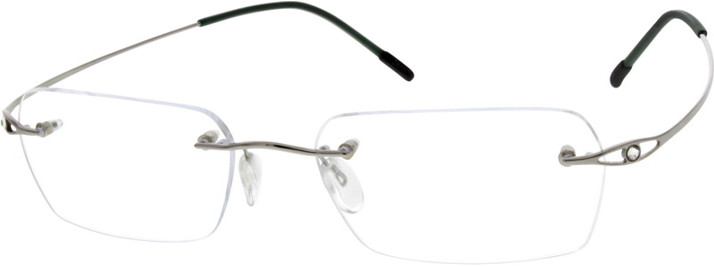 Rimless rectangular eyeglasses with thin silver metal frame and black ear tips