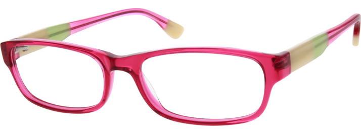 Pink rectangular eyeglass frames with beige and green accents on the temples.