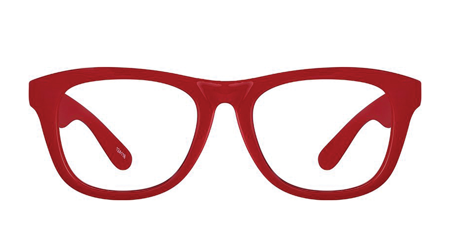 Red eyeglass frames with rectangular lenses.