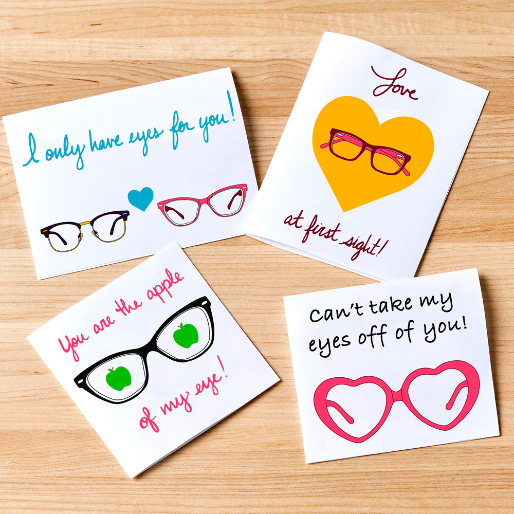 Set of four greeting cards with various glasses illustrations and text: "I only have eyes for you!", "Love at first sight!", "You are the apple of my eye!", "Can't take my eyes off of you!"