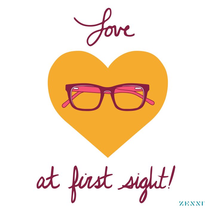 Love at first sight! Image of eyeglasses inside a heart shape. Zenni logo at the bottom right.