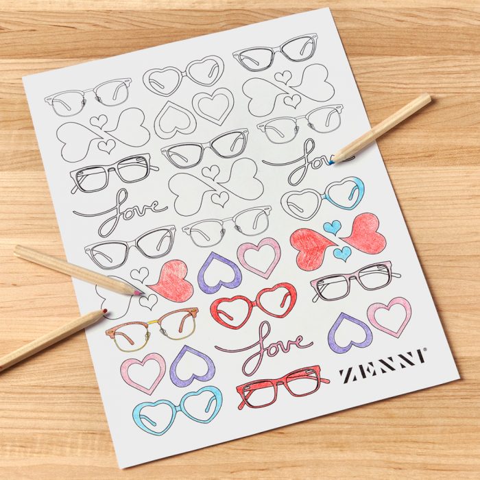 Coloring sheet with various glasses and heart shapes. Some are colored. Text says &quot;love&quot; and &quot;ZENNI&quot;.