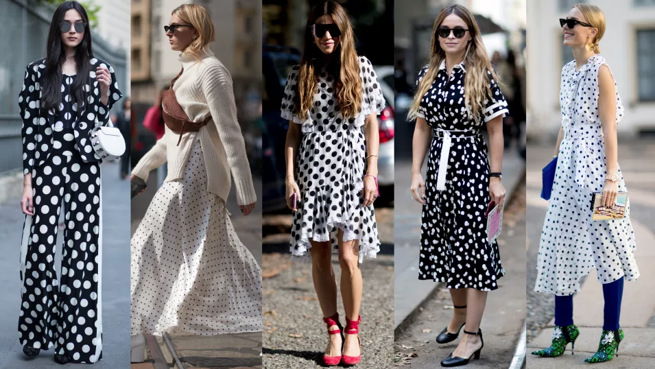 Various women&#039;s outfits in different styles of polka dot patterns: pantsuit, sweater over dress, ruffled dress, shirt dress, and sleeveless dress.