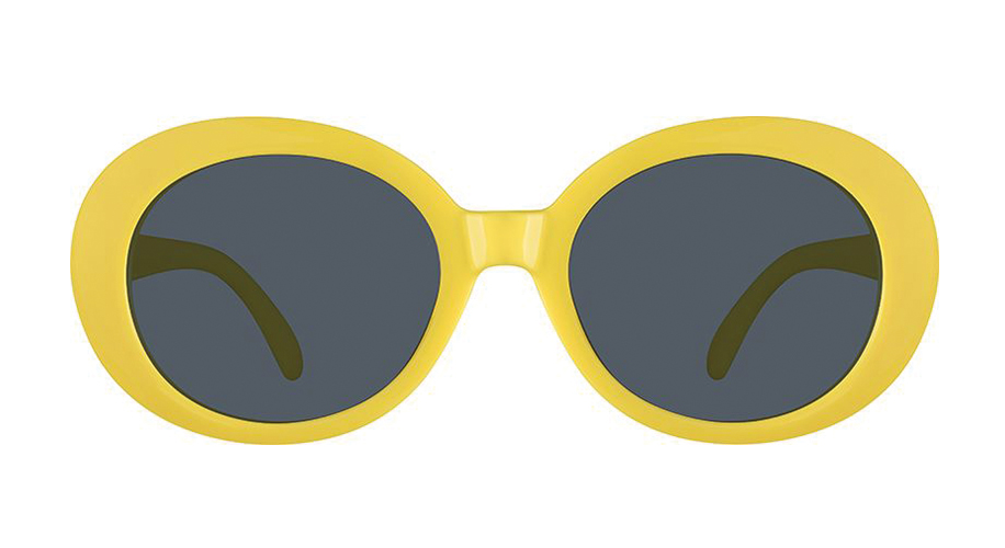 Yellow-framed oval sunglasses with dark lenses.