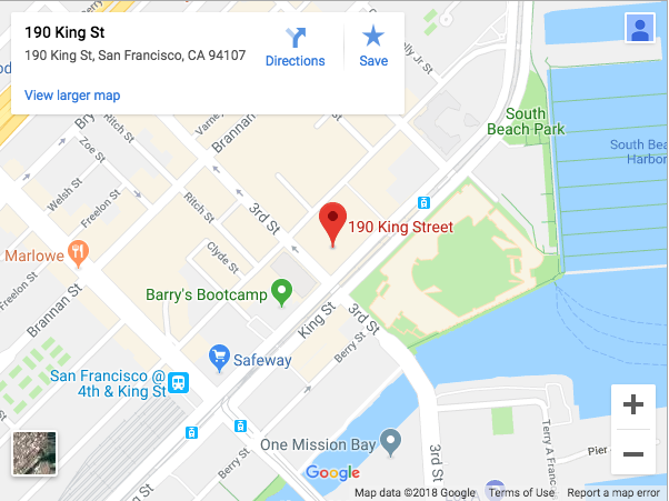 Google map showing location 190 King Street, San Francisco, CA 94107, marked by a red pin. Nearby are Barry&#039;s Bootcamp, Safeway, and South Beach Park. Options include Directions and Save.