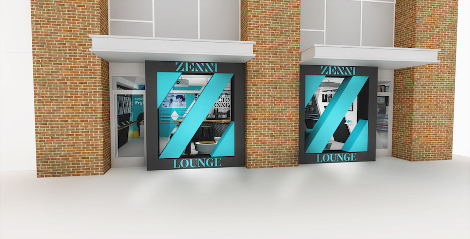 ZENNI LOUNGE storefront with large blue Z logo on glass windows featuring a comfortable seating area.