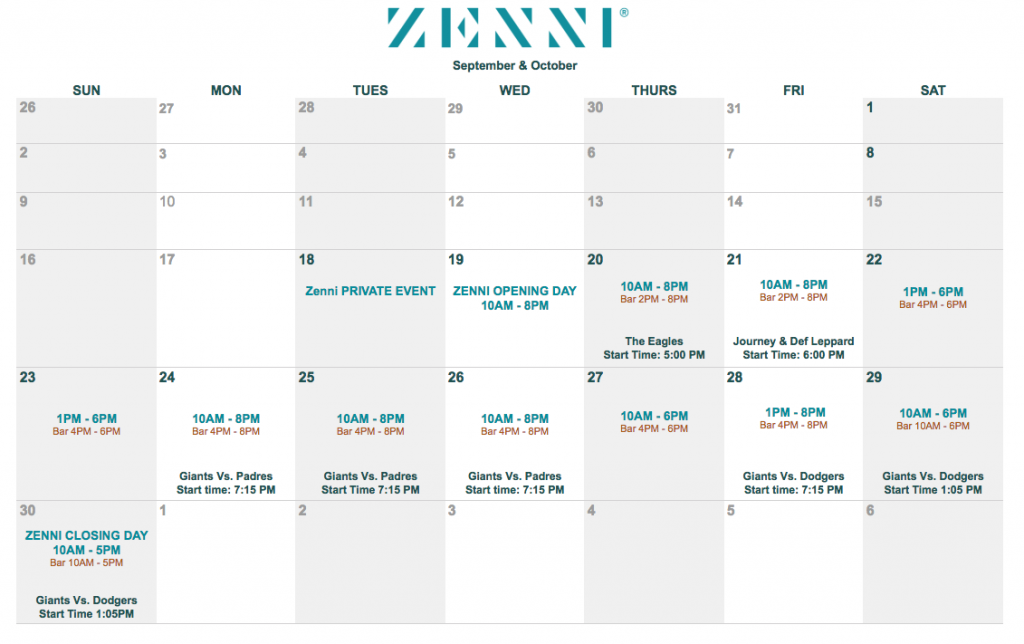 Zenni September &amp; October Calendar: Zenni PRIVATE EVENT 9/18. ZENNI OPENING DAY 9/19. The Eagles at 5:00 PM 9/20. Journey &amp; Def Leppard at 6:00 PM 9/21. Giants Vs.