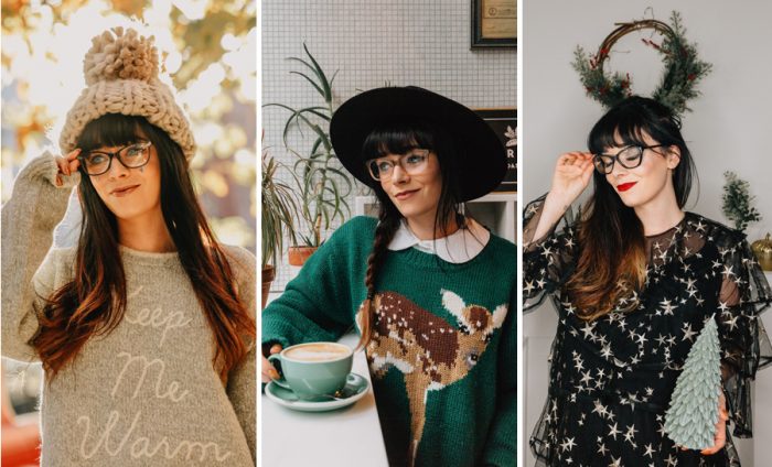 Woman with glasses in cozy winter outfits: grey sweater &quot;Keep Me Warm&quot;, green sweater with deer, starry black dress.