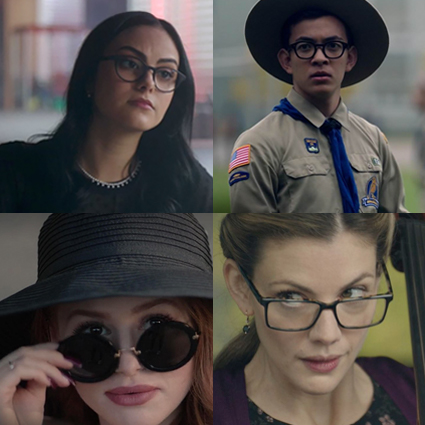 Collage of four different eyewear styles: black-rimmed glasses, scout uniform with glasses, black hat with round sunglasses, and rectangular glasses.