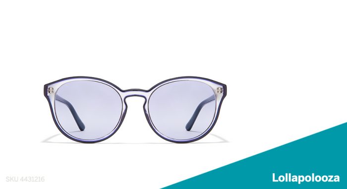 Round sunglasses with clear frames and blue-tinted lenses. Text: &quot;SKU 4431216&quot; and &quot;Lollapolooza&quot;.