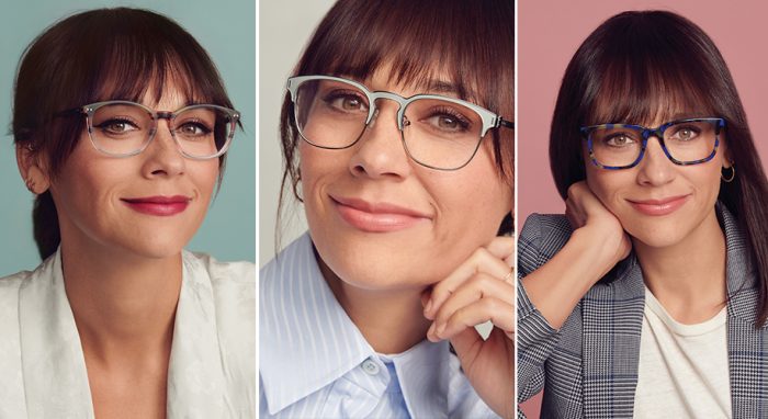 Woman wearing three different styles of eyeglasses: tortoiseshell, silver frame, and blue frame.