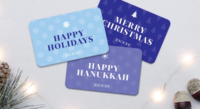 Three holiday cards with text: "HAPPY HOLIDAYS," "MERRY CHRISTMAS," and "HAPPY HANUKKAH." All say "ZENNI."