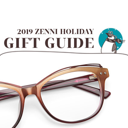 2019 Zenni Holiday Gift Guide, featuring a pair of stylish brown eyeglasses with clear lenses.