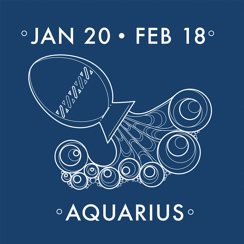 Jan 20 • Feb 18 • Aquarius. Illustration of water pouring from a jug.