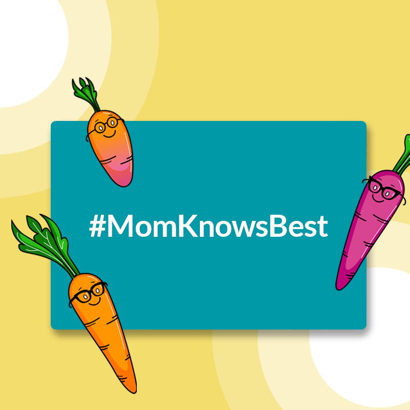 #MomKnowsBest with illustrated carrots wearing glasses on a teal and yellow background.