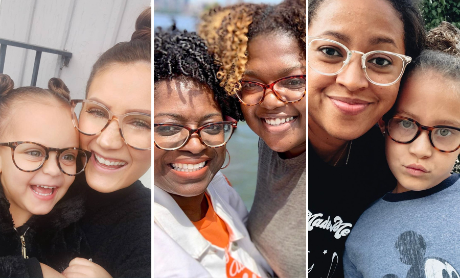 Three pairs of people with matching eyeglasses in different styles and colors.