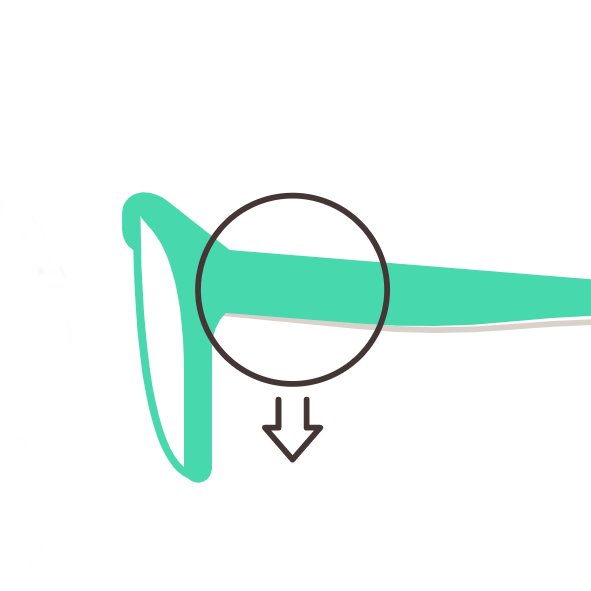 Mint green eyeglass frame with an enlarged circle focusing on the side arm detail. Arrow pointing down.