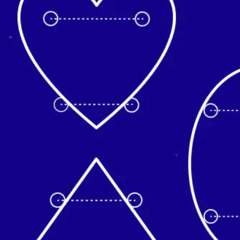 Blue background with white geometric shapes, including hearts and triangles connected by dotted lines.