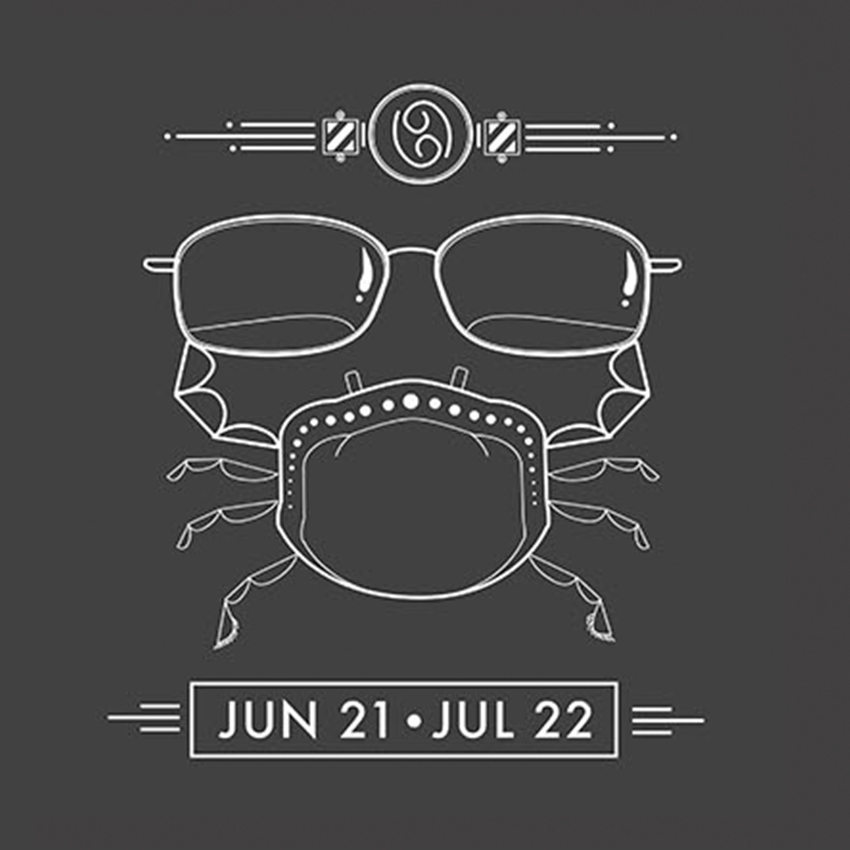 Crab design with eyeglasses and a mask, zodiac sign above. Text: "JUN 21 • JUL 22".