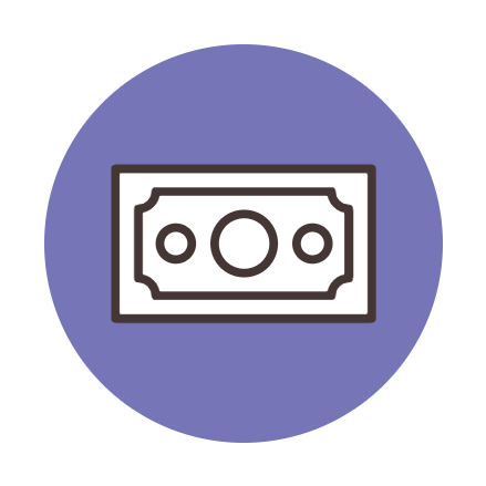 Dollar bill icon with a circle and two dots, displayed on a purple circular background.