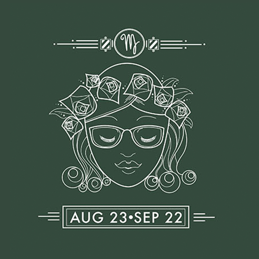 Virgo zodiac with floral headband and glasses, "Aug 23-Sep 22" text underneath.