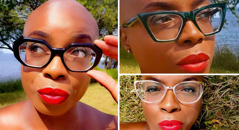 Person wearing three different styles of eyeglasses: black, dark green, and clear, with bold red lipstick.