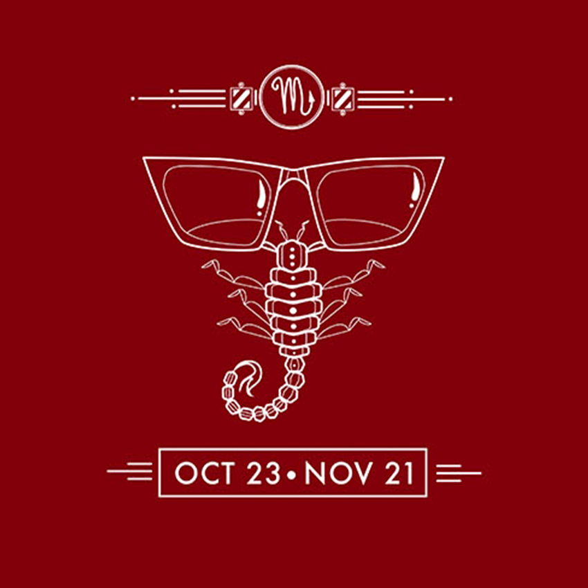 Scorpio symbol with glasses, scorpion illustration, text "Oct 23 - Nov 21" on a burgundy background.