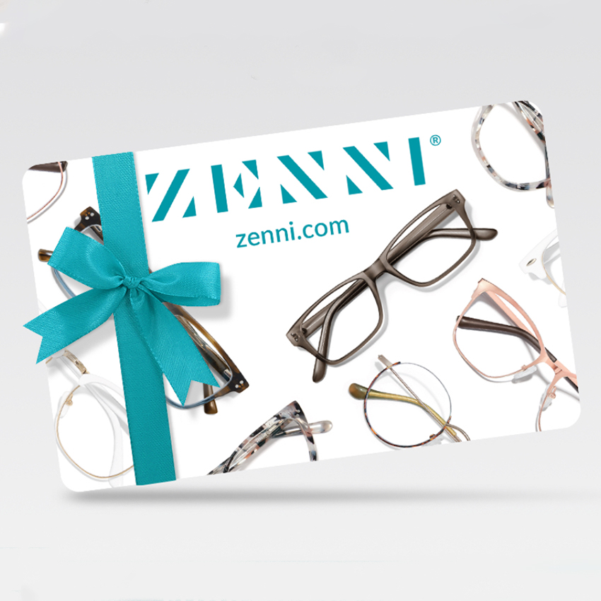 Zenni gift card featuring various eyeglasses and a teal bow. Text: ZENNI, zenni.com