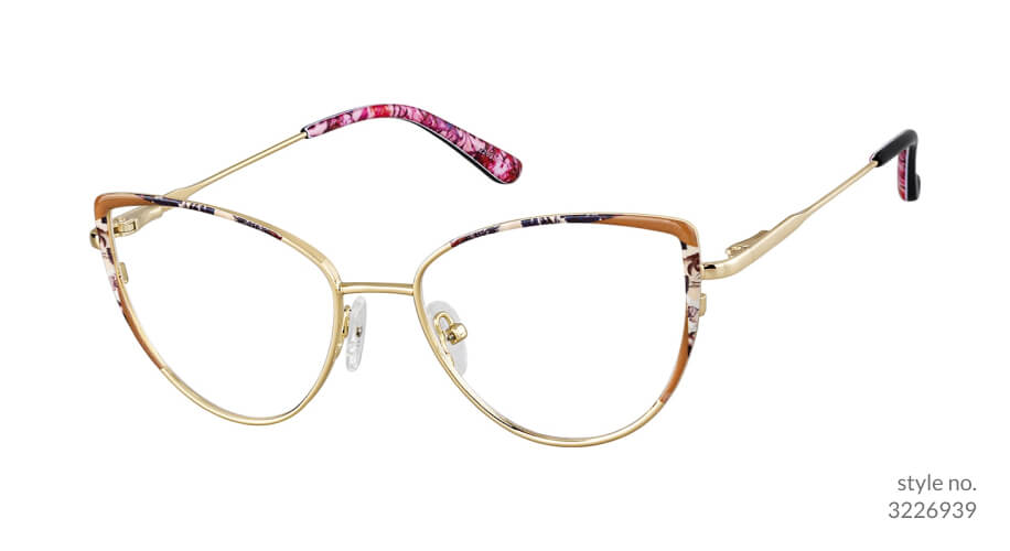 Gold cat-eye glasses with floral-patterned temples and adjustable nose pads, style no. 3226939.