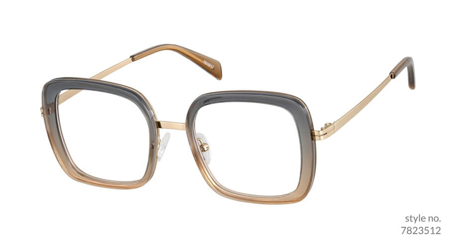 Square-shaped gradient brown and gray eyeglasses with gold temples. "Style no. 7823512" in the corner.