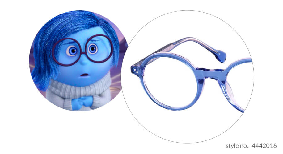 Blue rimmed eyeglasses similar to those on animated character with text &quot;style no. 4442016&quot;.