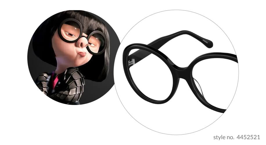 Black round eyeglasses, style no. 4452521, shown with an animated character wearing similar glasses.