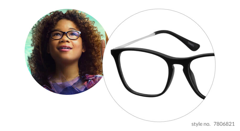 Black-rimmed eyeglasses, style no. 7806821, worn by a person with curly hair and a checkered shirt.