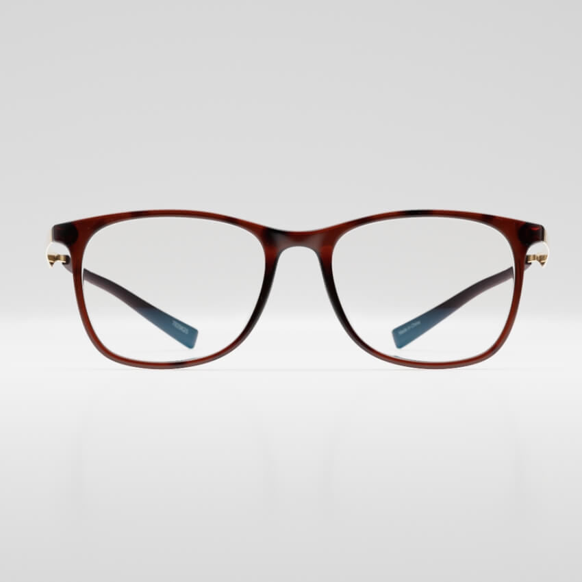 Tortoiseshell glasses frame with rectangular lenses and metal accents on the hinges.