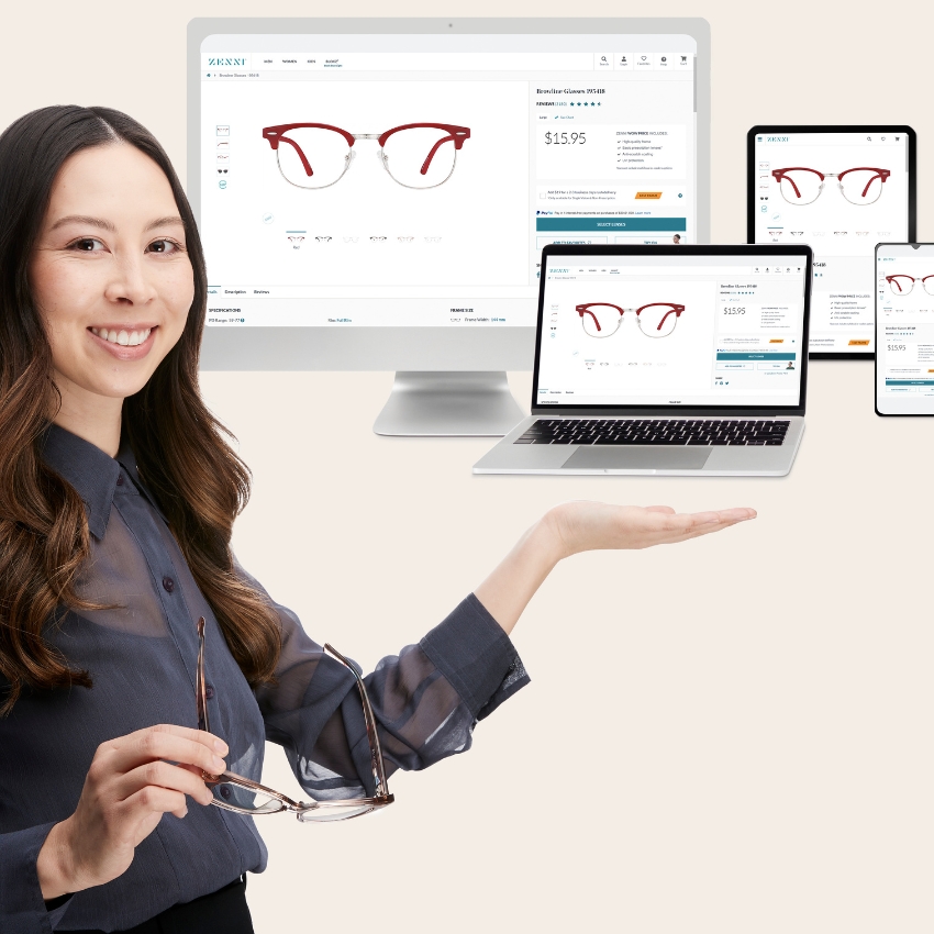 Woman holding glasses in front of several screens displaying red and clear glasses for $15.95