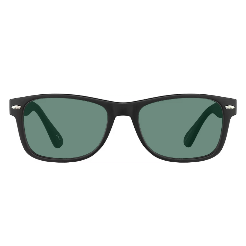 Black wayfarer sunglasses with dark green lenses.