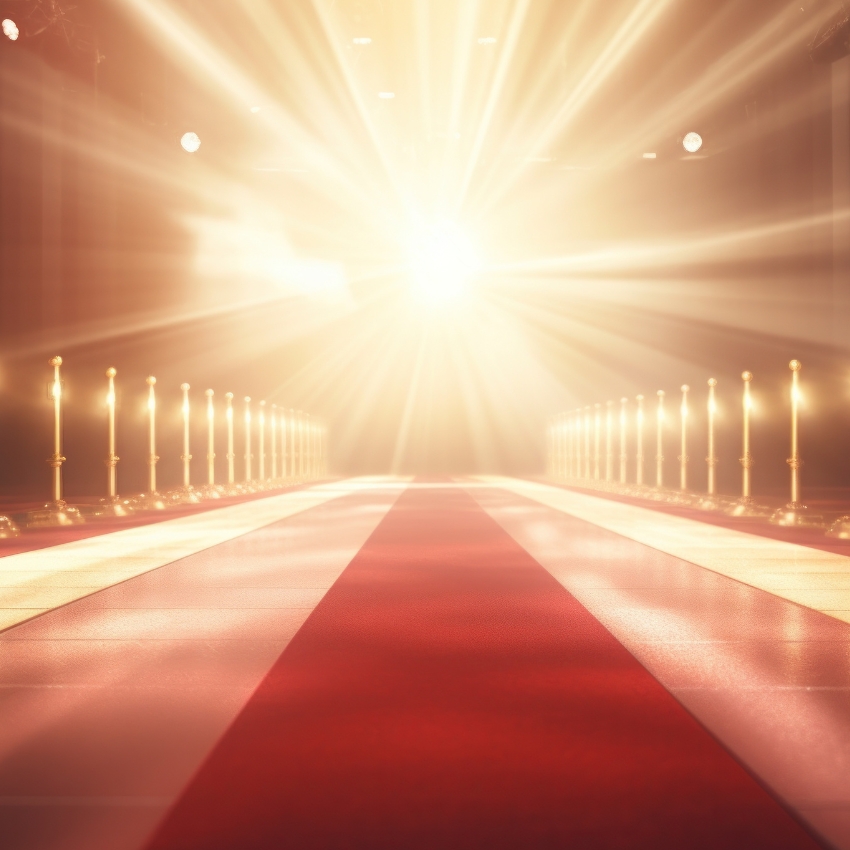 Red carpet flanked by golden stanchions, with bright cinematic lights creating a dramatic entrance.