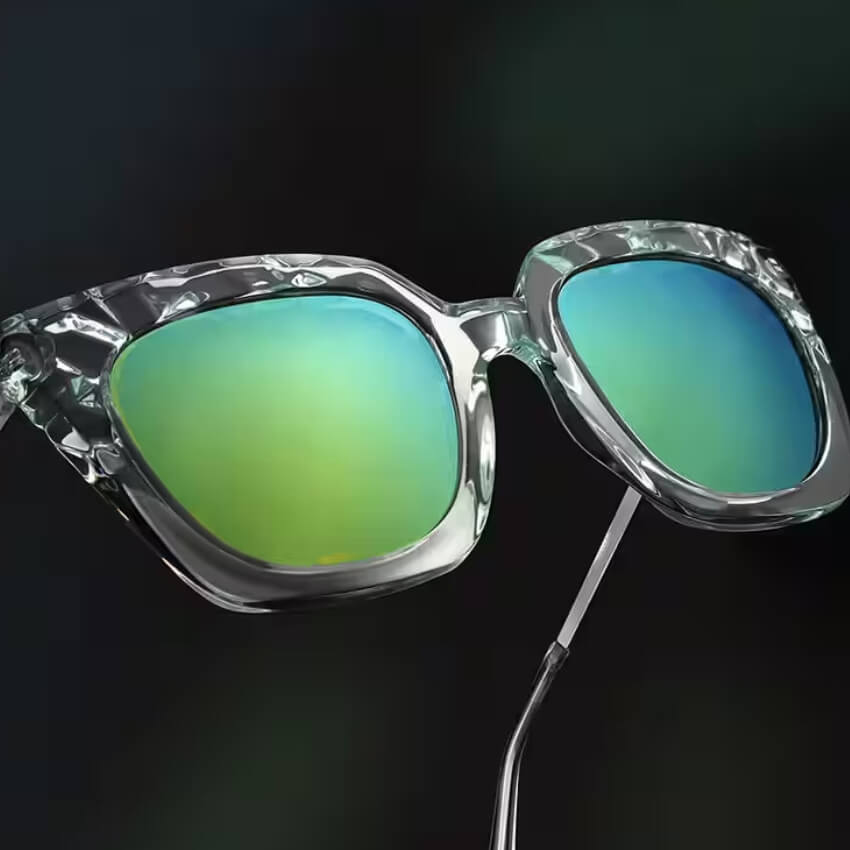 Clear frame sunglasses with green-tinted lenses.