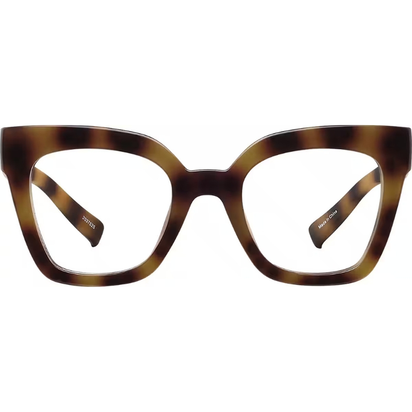 Tortoise-shell cat-eye glasses frame with "2038525" and "Made in China" text on the inner arms.