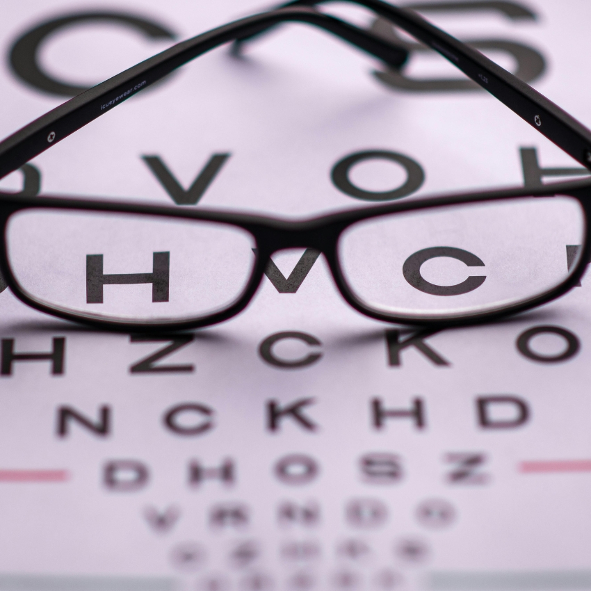 Glasses on an eye chart with the letters H V C visible through the lenses.