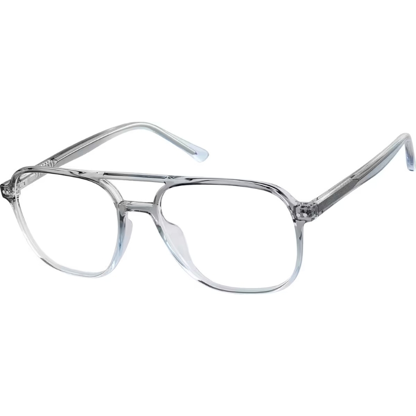 Clear, rectangular, aviator-style eyeglasses with a transparent frame and wide bridge.