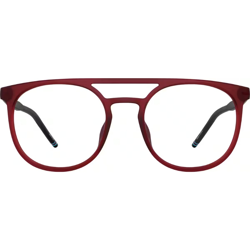 Red eyeglass frames with black and blue-accented earpieces.