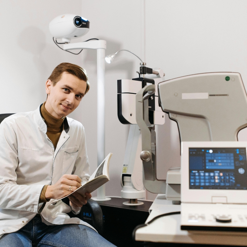 Optometrist using an ophthalmic diagnostic machine.